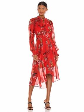 All Saints Leonie Melisma Red Floral Print Chiffon Midi Dress